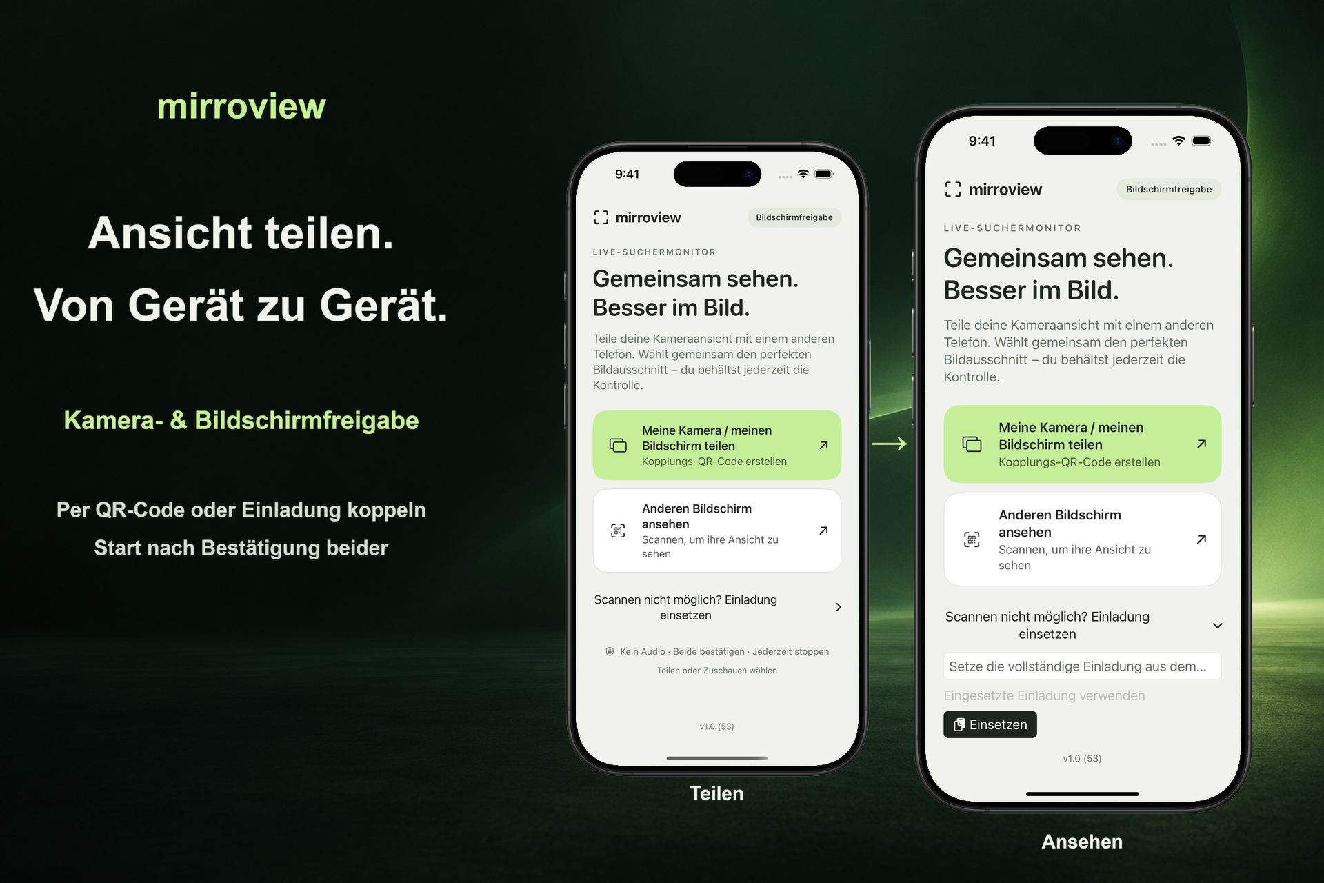 Zwei iPhones zeigen den echten Startbildschirm von mirroview und das Einrichten per eingefügter Einladung.