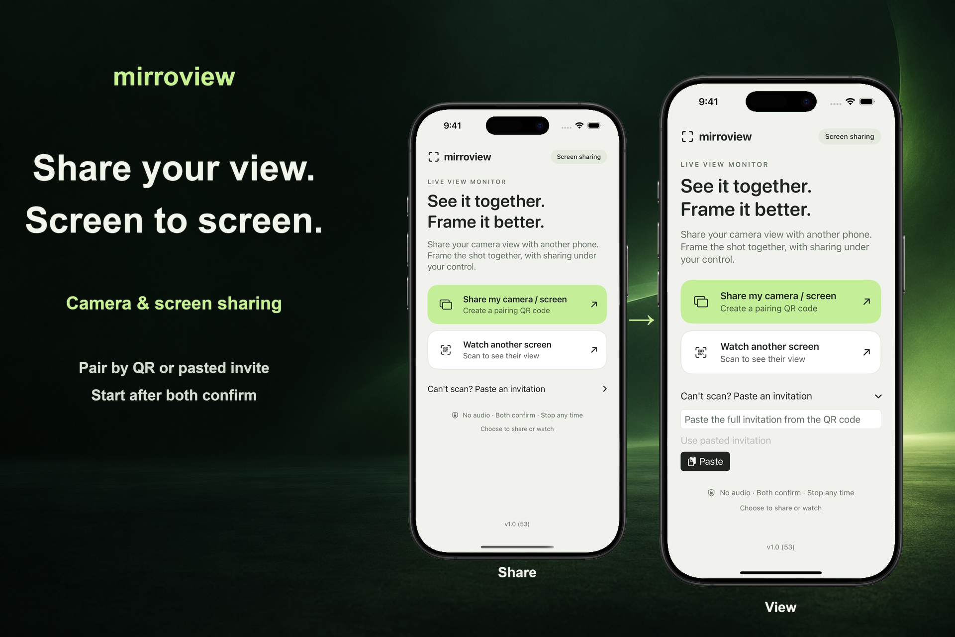 Two iPhones showing the actual mirroview home screen and pasted invitation setup.