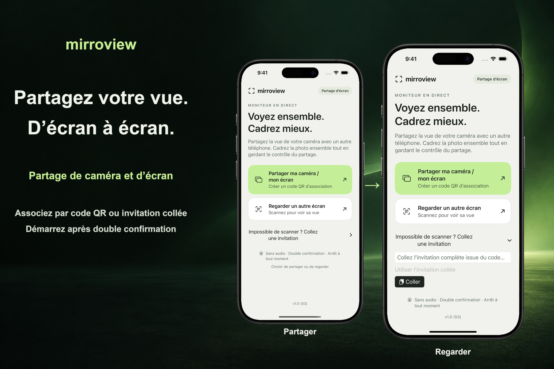 Deux iPhone affichant l’écran d’accueil réel de mirroview et la configuration par invitation collée.