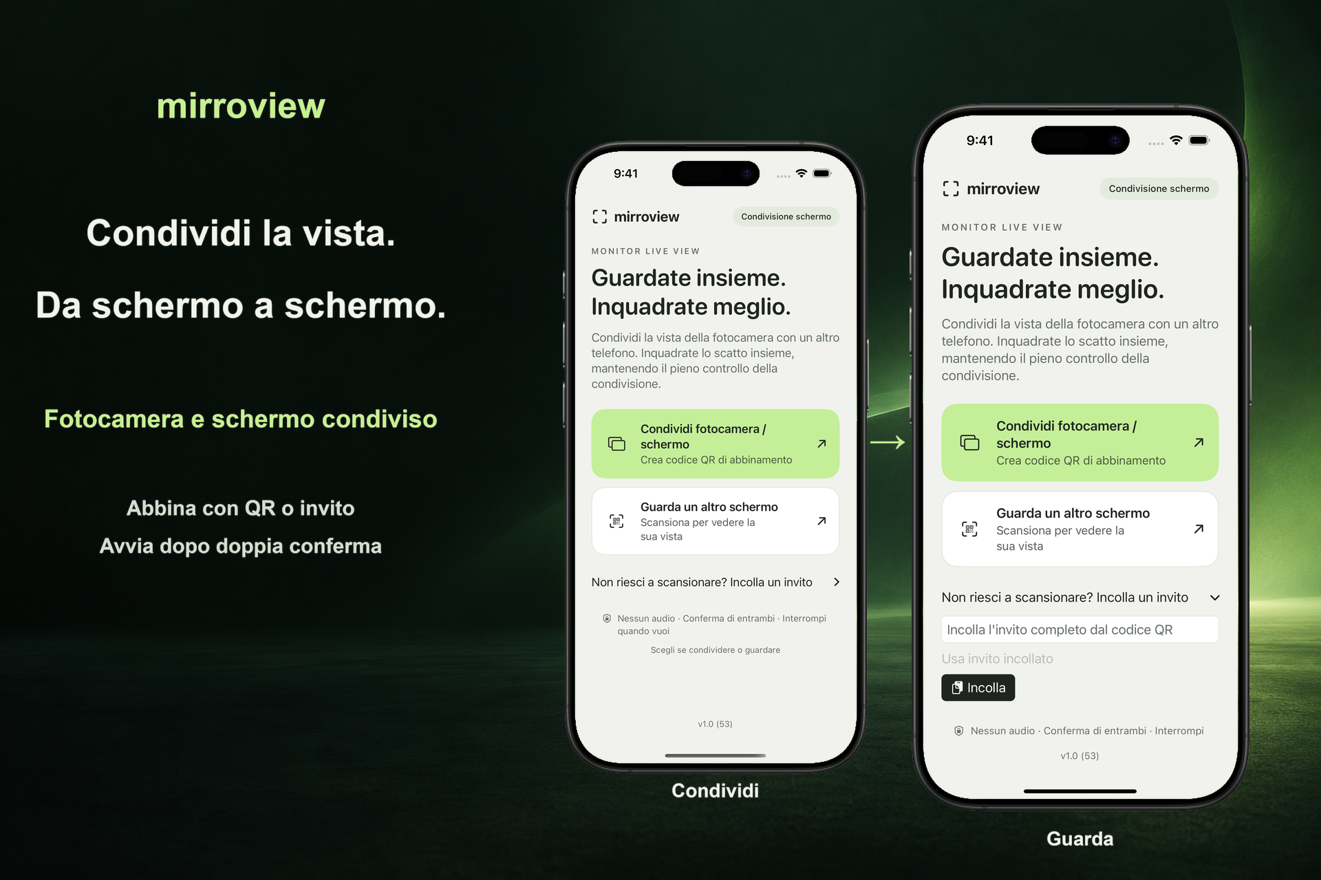 Due iPhone che mostrano la schermata iniziale reale di mirroview e la configurazione tramite invito incollato.
